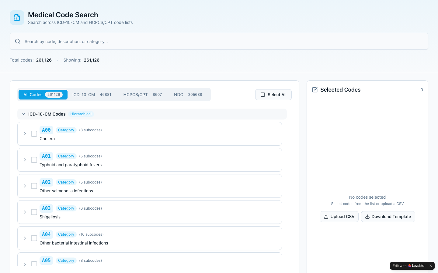 Codeset Builder interface: searchable, hierarchical list of ICD-10-CM codes with a selected-codes panel and CSV upload