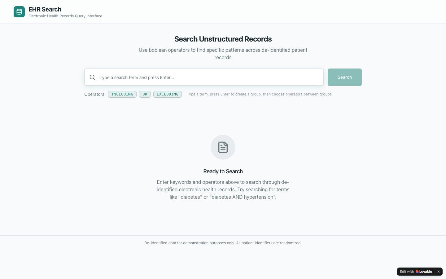 EHR Search interface: search bar with INCLUDING, OR, and EXCLUDING boolean operator chips for querying de-identified records