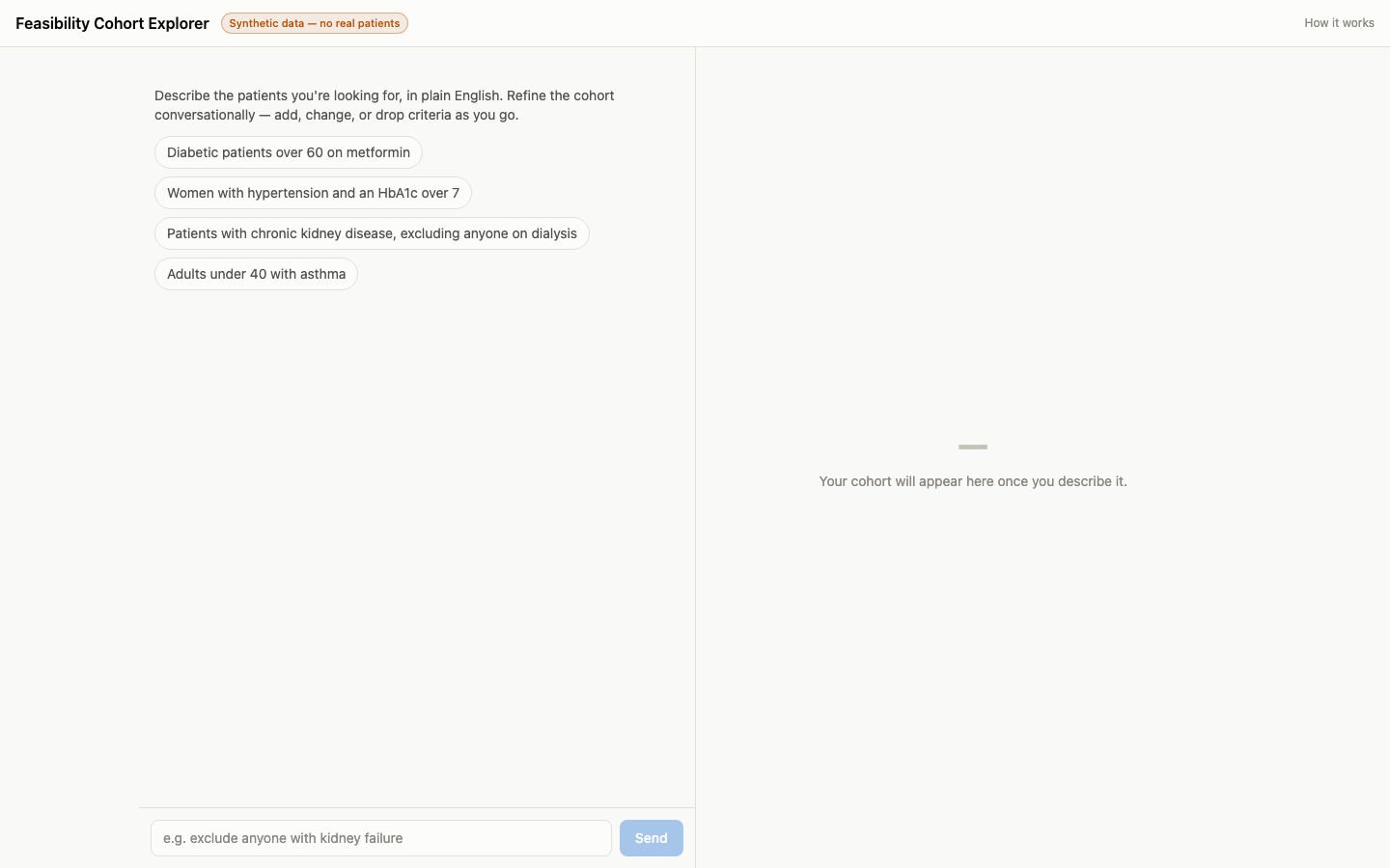 Feasibility Cohort Explorer interface: chat pane with example queries like 'Diabetic patients over 60 on metformin' beside a live cohort summary panel
